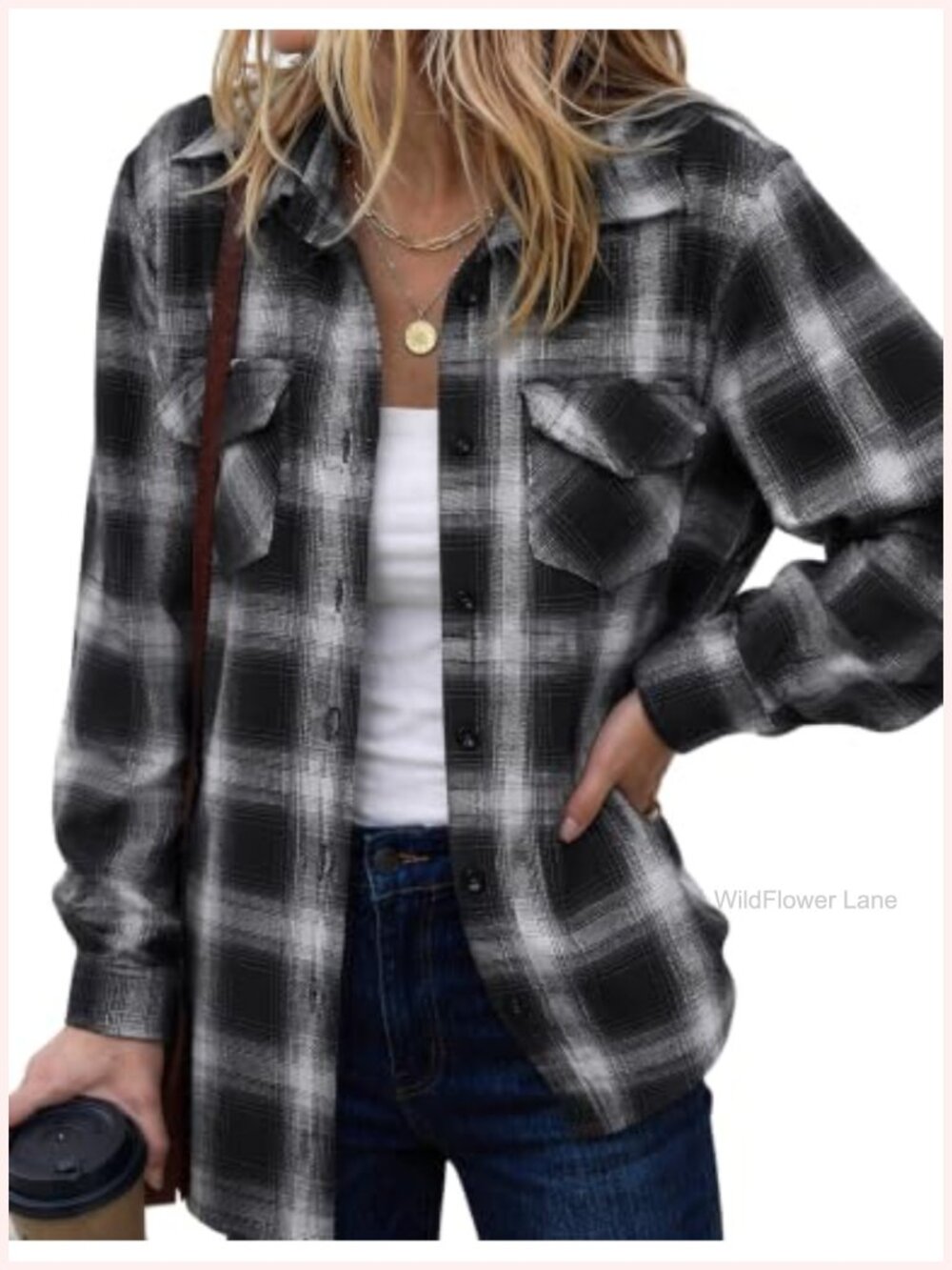 Oversized Plaid Flannel Shirt Long Sleeve Button Down Blouse Women's